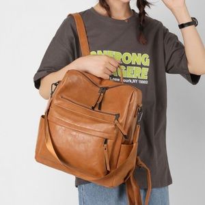 Camel vegan leather zipper detail mini backpacks